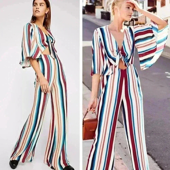 The Jetset Diaries x Free People Virgo Striped Jumpsuit Wide Leg Bohemian Beach - Picture 1 of 12